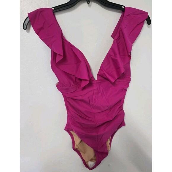 J.Crem Ruched Ruffle One Piece Swimsuit‎ Fucsia Size 6 BP222 - Picture 1 of 10